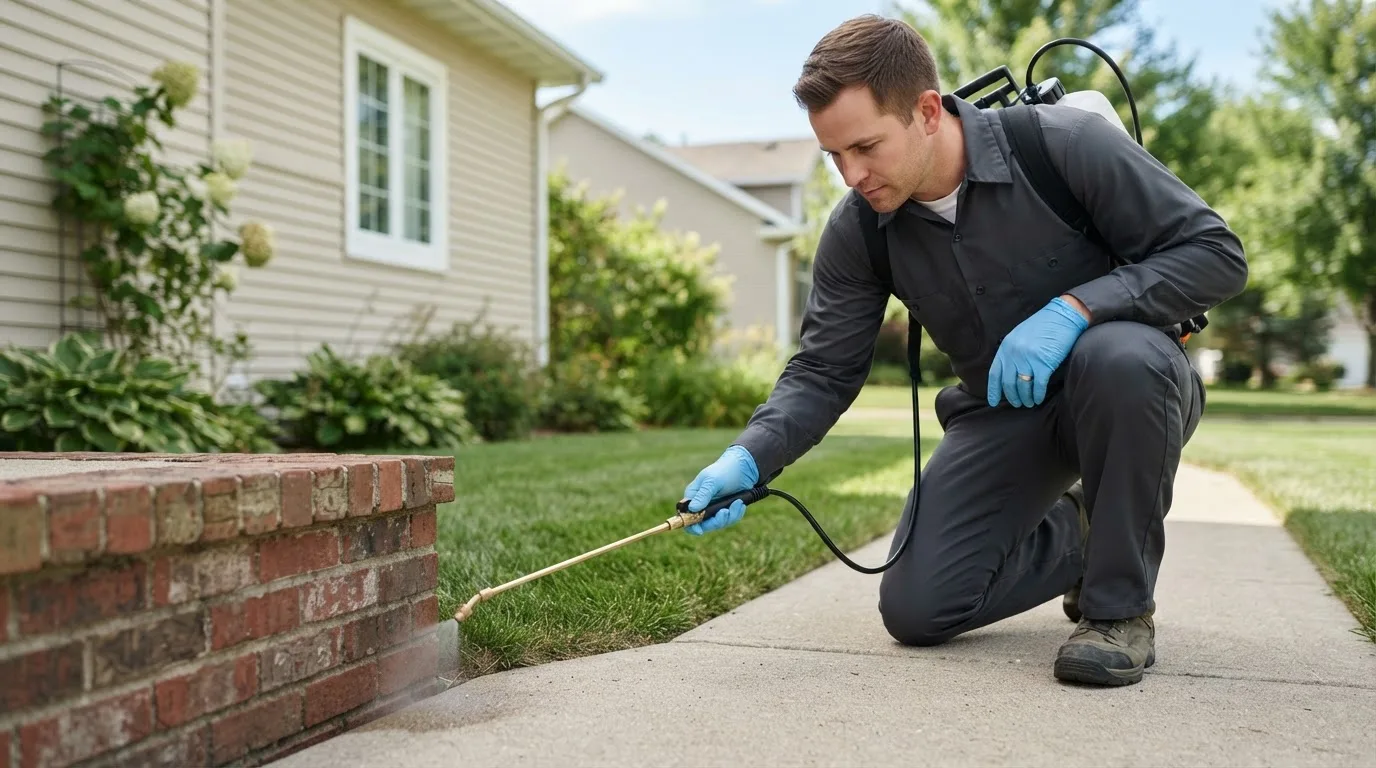 Pest control technician treating a home near Wilmington, IL