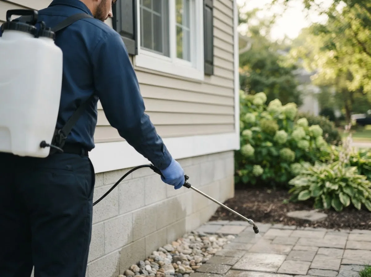 Pest control technician inspecting a home in Wilmington, IL